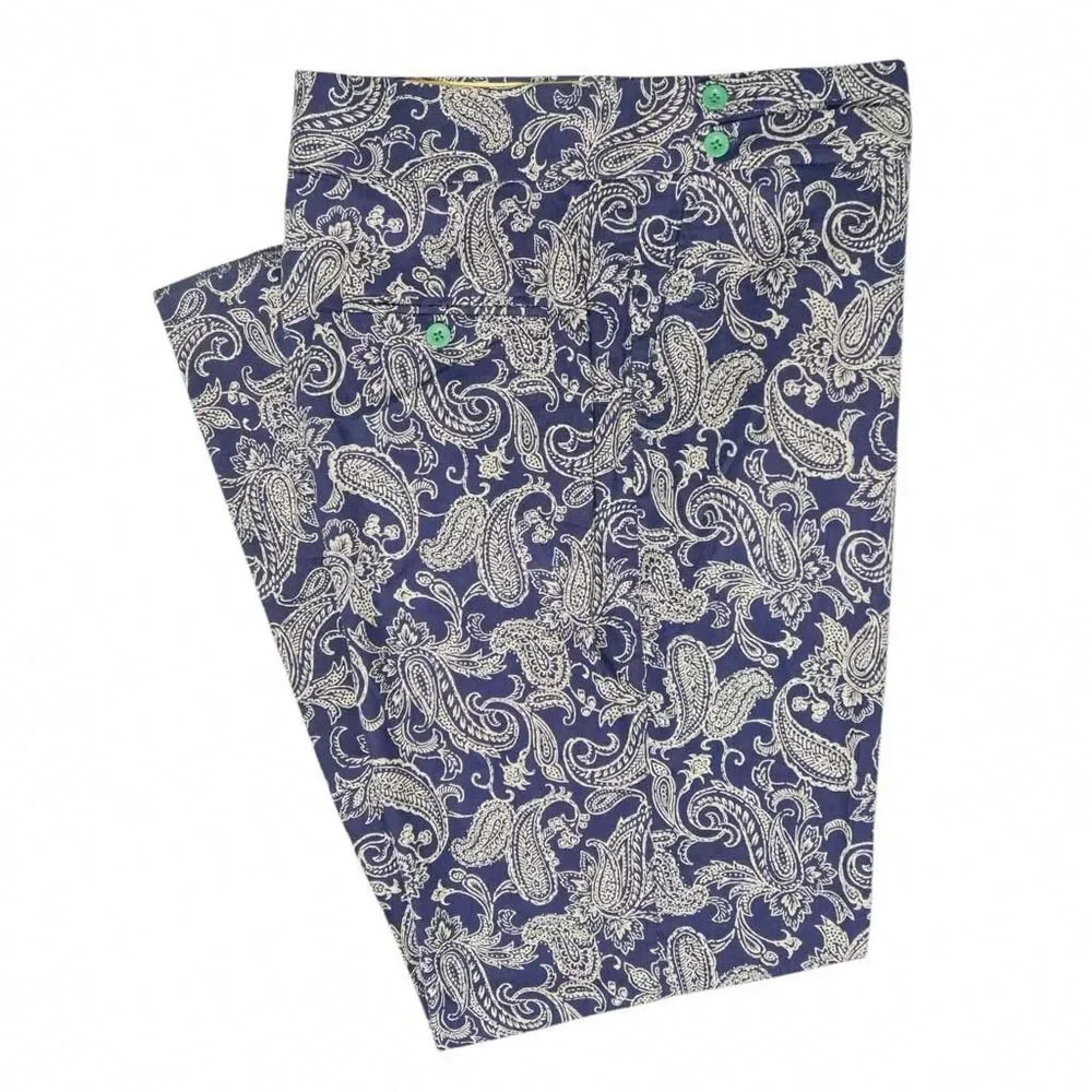 Mens Gurkha Pants 36 Blue Beige Paisley Chino Trousers Straight Fit Flat Front